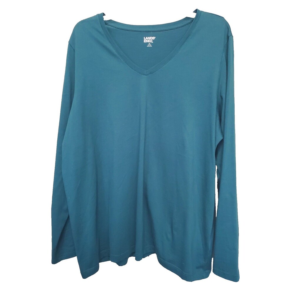 Lands' End Cotton Green V-Neck Long Sleeve T-Shirt Size 1X (16W-18W)